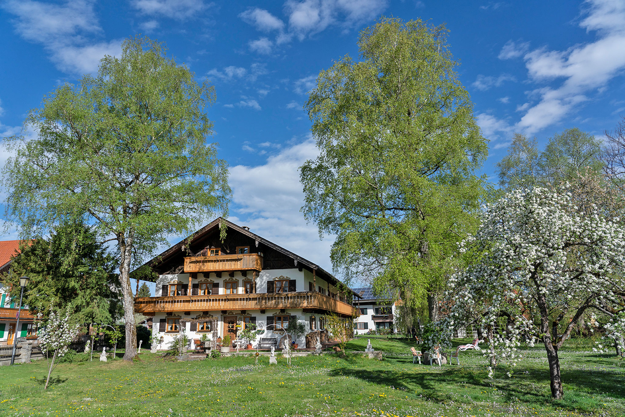 Gaestehaus Heiss Lenggries Hausansicht mit Garten in Apfelbluete